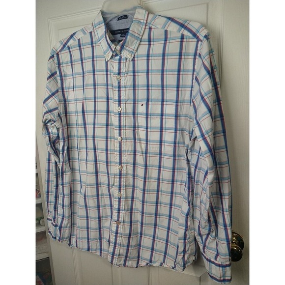 tommy hilfiger Long Sleeve White Blue Red Plaid Pocket Button Shirt. Size L - Picture 2 of 10